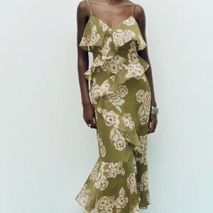 ZARA floral green ruffle maxi dress